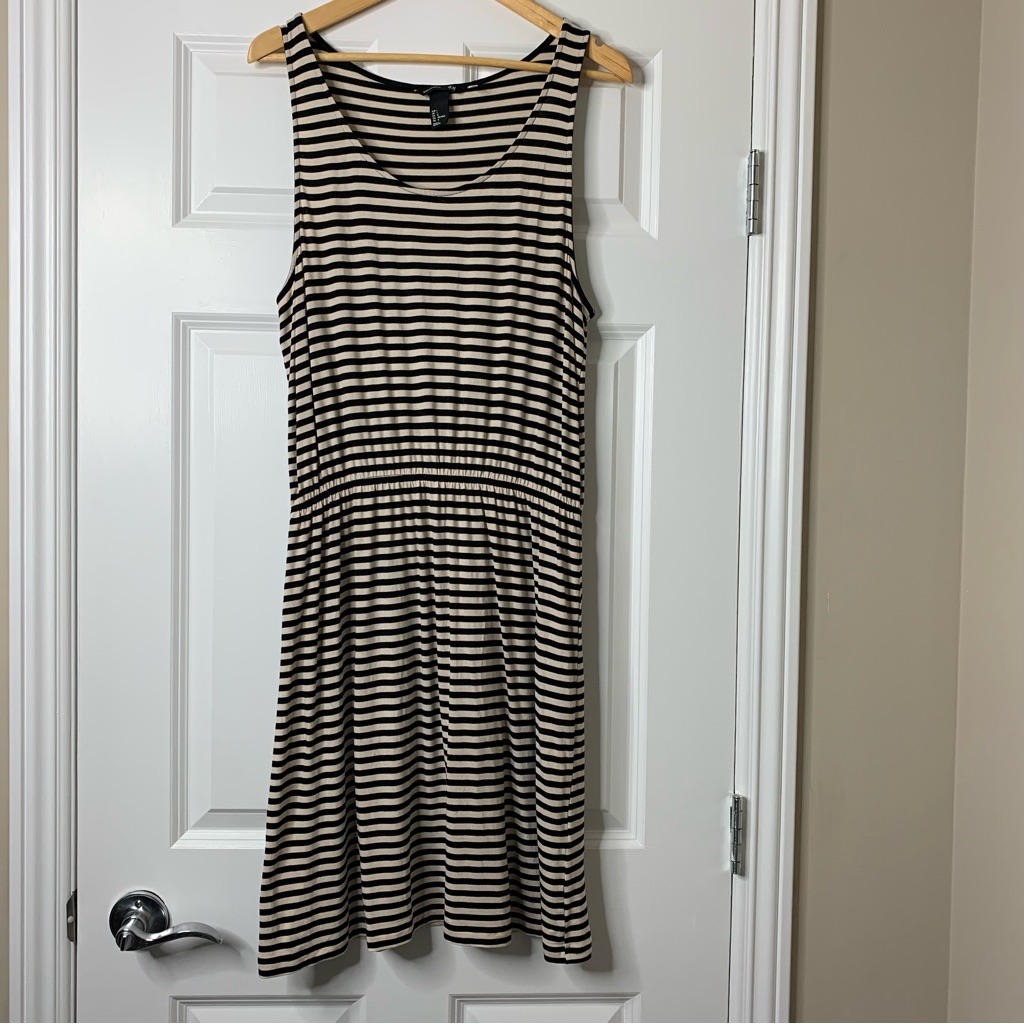 H&M Black And Beige Striped Jersey Knit Sleeveless Midi Dress Size L
